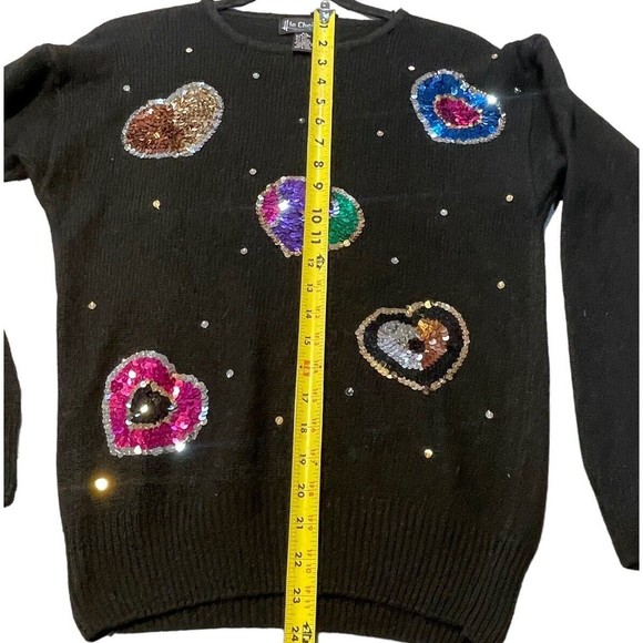 Le Chois Vintage Sweater Pullover Sequin Hearts‎ Petite L Silk Angora Lambs wool - Picture 10 of 11